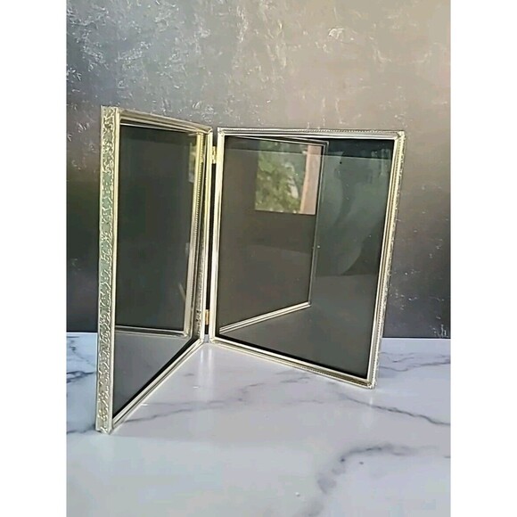 Floral Silver Tone Metal Folding Desktop Picture Frame Vintage - Picture 2 of 10